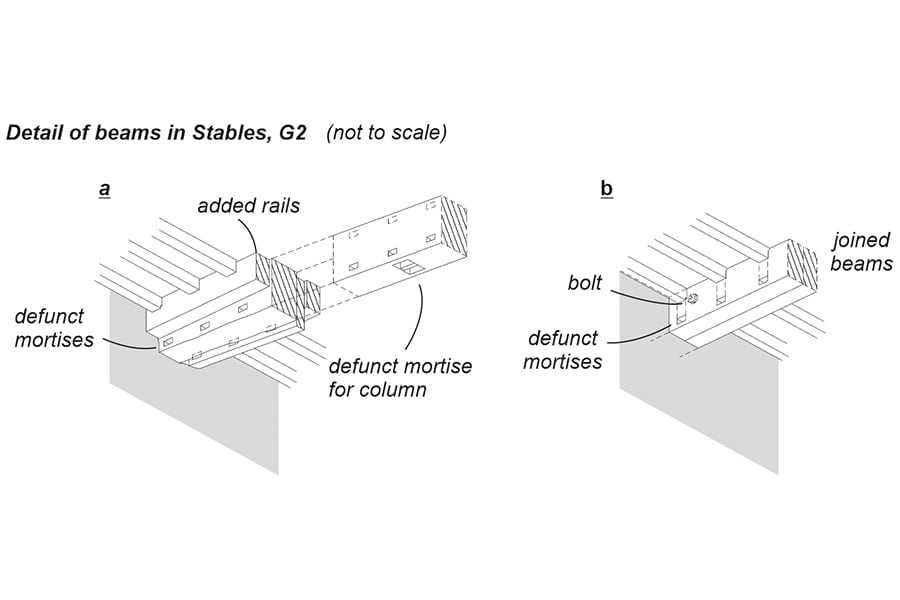 Arrangement of Ceiling Timbers with evidence for alterations.
